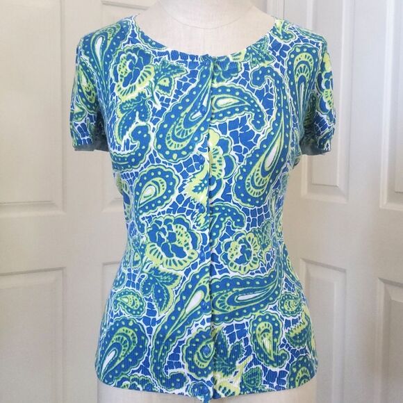 ANN TAYLOR Crew Neck Cardigan Sweater Short Sleeve Blue Green Yellow Pai… - Picture 1 of 12